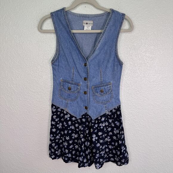 The Limited Pants - Vintage The Limited Romper Juniors 14 Blue Denim Daisy Floral USA 90s Retro